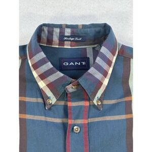 Gant Heritage Twill Mens Large Blue Plaid Button‎ Down Shirt Long Sleeve L